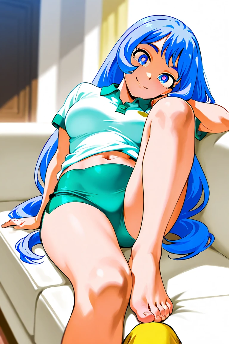 score_9, score_8_up, score_7_up, BREAK from front:1 ,,(girl sit on chair,on your back,spread legs),Rest on your chin,1girl,bulma, blue eyes, blue hair,bare shoulders, belt, cleavage, hair bobbles, hair ornament, hair over shoulder,medium breast,midriff, navel, one side up, red tube top, shorts, side ponytail, (strapless, tube top,under_boob:1),looking at viewer,facial expression,smile,masterpiece, best quality,  detailed body, highly detailed, anime coloring.anime,[anime_screencap:0.8] , highly detailed,