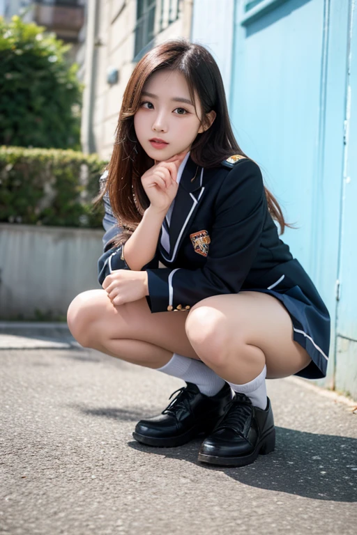 surrealistic、top-quality、 超A high resolution、Nikon Z 85mm、(｛（Raw foto:1.2）｝)natural soft light、profetional lighting、Look at viewers, realisitic、Super live-action、Photorealsitic、The crotch is visible、｛frontage、Angle from below｝ （｛｛Hands are out of the angle of view｝｝）portlate、Cute High School Girl、Uniform miniskirt、Cute sailor suit、Sailor suit skirt、Dark blue skirt、((accurate hands without incongruity)) Both legs are bent、The toes are on the ground、The legs are spread in an M shape and the panties are visible.、Delicate thighs visible from the front、lolita、 Japan schoolgirl uniform、White panties visible from uniform miniskirt、（Panchira）Uniform miniskirt、Perfect raw legs、delicate legs、 perfectly proportions、A sexy、Chest visible、 Squatting deep in the city、Show your pants around town、 ulzzang -6500-v1.1, Well-formed face、perfectly proportions、Well-formed fingertips、 Cute High School Girl、 Beautiful face in every detail、Realistic human skin、Provocative facial expressions、Semi-long、Smooth hair、de pele branca、light skinned、 （hyperdetailed face、（very detailed lips、｛round and detailed eyes｝二重まぶた、Moist eyes、｛Very delicate eyebrows｝）） （Strong-minded、（childish、pure、Attractive woman、charmed、glamor、Victory、Cheeky、glad、kawaii、Good aroma、））Cityscape、