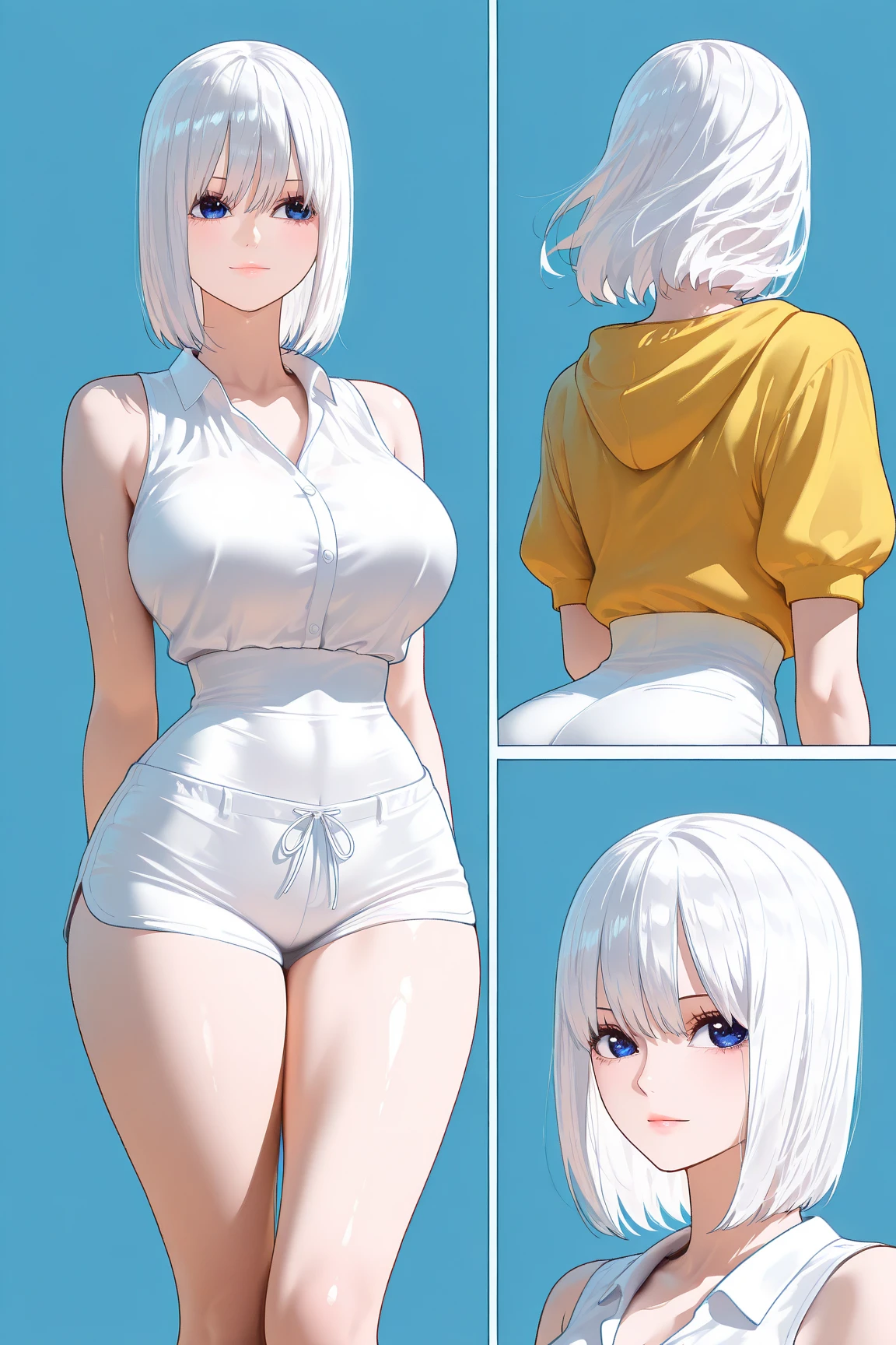 mixed_artwork style, 1 girl, standing alone, hands, beautiful woman, Asian, thick, short white blouse tied, short shorts, ptinta eyes, white hair ptinta locks, twin tails, realistic, textures, 8K, perfect hand, perfect anatomy, Profile, visible curves, Breasts 