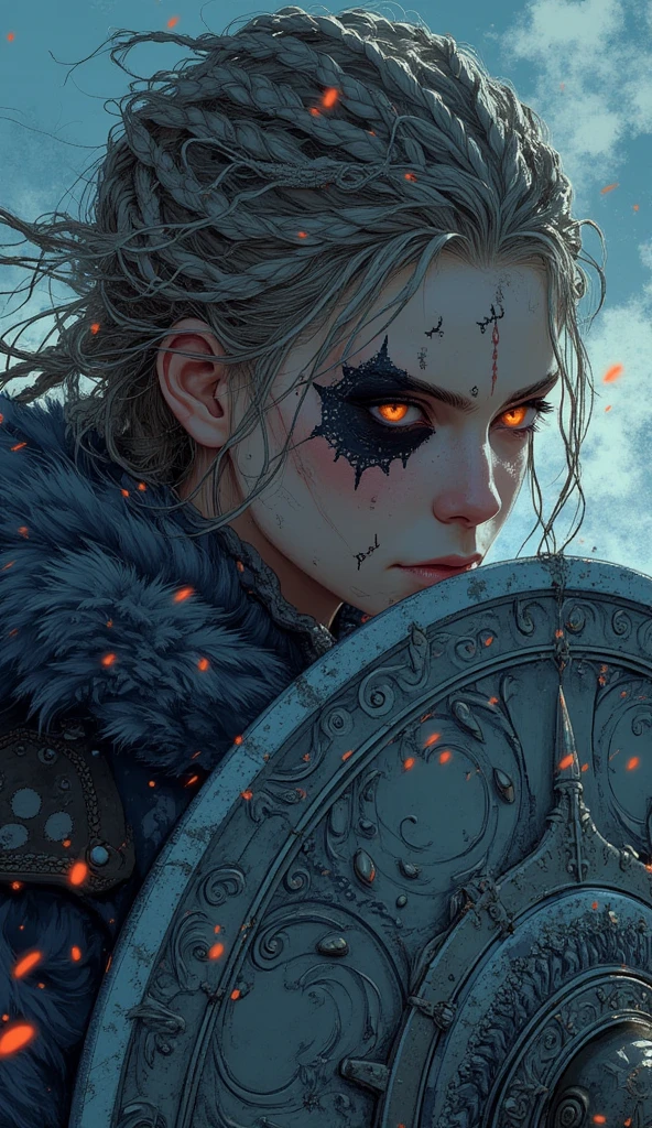 a viking woman with viking tattoos,charcoal tattoo in eyes,expression of anger,holding shield with viking runes,redhead,braided and messy flowing hair,bruised and scratched body,side view,profile vision,velka,assassins creed valhalla,ragnarok,vikings,black body behind,nordic,valhalla,nordic runes,hand drawn,illustration,art nouveau,tarot cards
