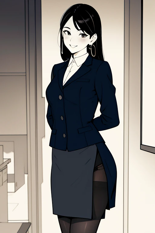 (1girl ,20s,mature female,adult),happy,white shirt,short sleeves,black standard tie,white school skirt,black hair,long hair,(classroom),((shoggoth body,pure dark skin,colored skin)),(Line Art,white background,sketch,Pencil drawing,traditional media),