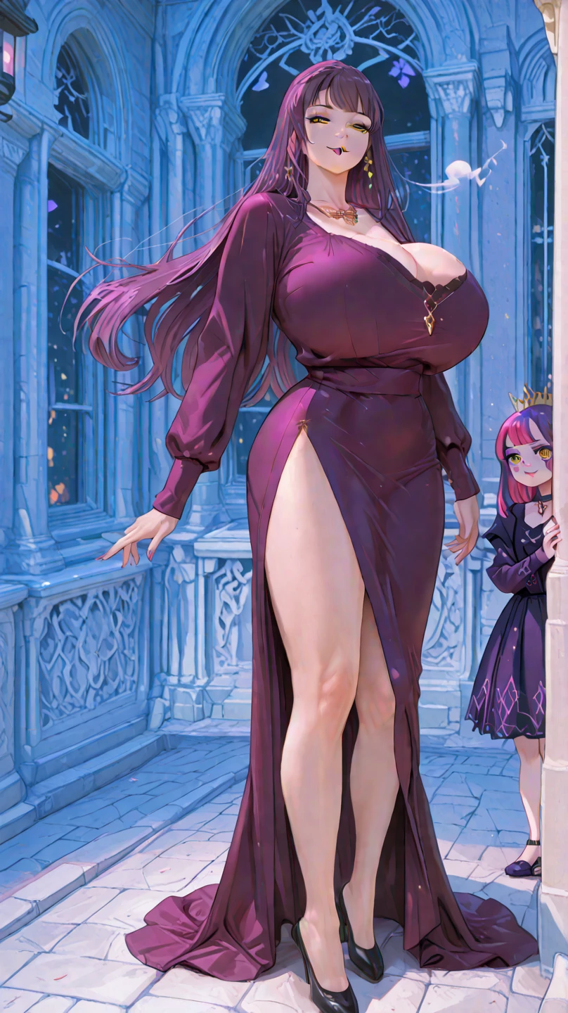 punk sorceress, long blue dress, leg slit, panty shot, panty slip, wardrobe malfunction, pink panties, blonde hair, areaola, walking