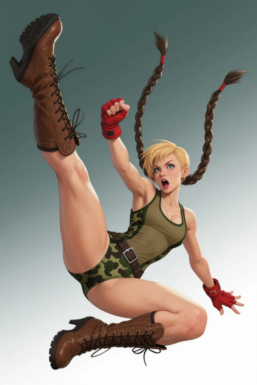 (high quality, best render), (beautiful girl, pamela anderson as cammy), (SF2CW, pin-up style), hot, floss, perfect body, fitness, blonde, two long braids, elaborate hair, deserted beach, almost naked, psychopath, crazy face, body facing forward, squatting, legs spread, light green leotard, red beret, combat boots, pastel, center, scales to fit dimensions, camel toe,