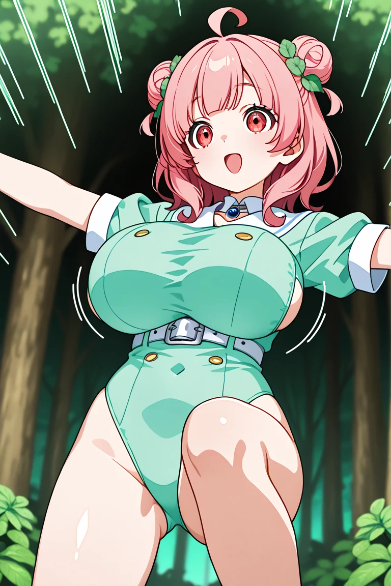 highest quality, High resolution,Anime Screen Capture, SF、green eyes,((Light pink sci-fi suit、pink armor、bikini、mini skirt、obesity))、(wide hips、wide ass)、nurse cap、belt、thigh boots ,(huge breasts:1.2), blush, (embarrassing), :d, dark brown hair、(((hand on chest)))、(Are standing)、((Red-rimmed glasses))、In town