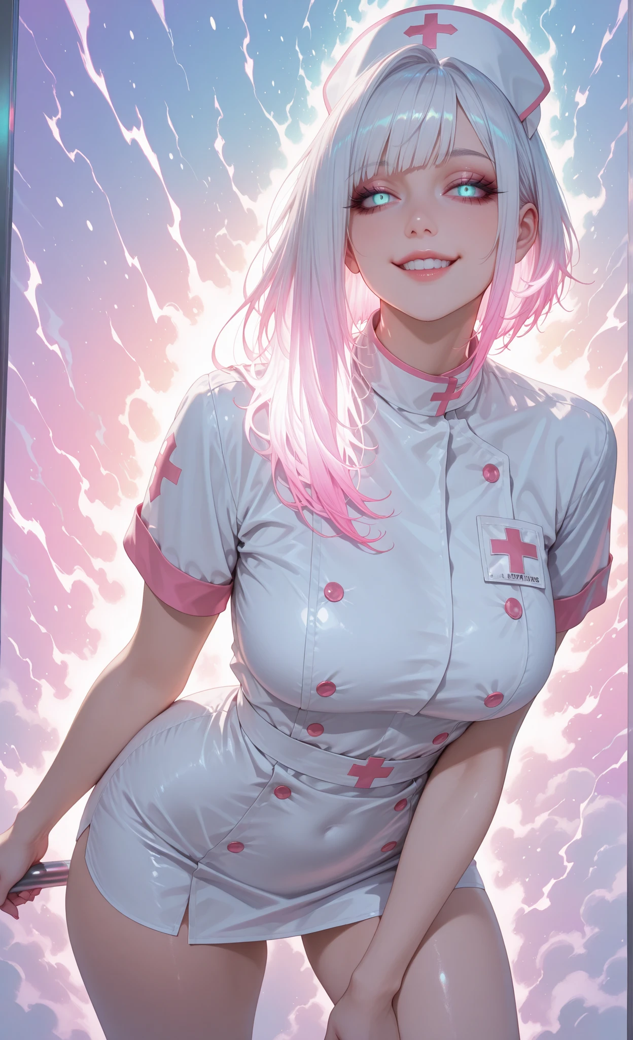 (masterpiece, detailed:1.2), semi-realistic, hyper-detailed, Yandere Nurse, fierce, gradient hair, sexy face, Yandere smile, cute but sinister smile, wide crazed eyes with small heart reflections,, expressionless, high detailed eyes, aqua eyes, thick eyelashes, glossy makup, sideways glance, (white hair, long hair, gradient hair, glowing hair, asymmetrical bob haircut, Voluminous hair), fair skin, (white nurse uniform), voluptuous, thicc, curvy figure, extremely busty, wide hips, (focus on her face), solf lighting, particles, long legs, legs apart, (dynamic composition, dynamic angle), Cold demeanor, glossy silky hair light pink tips, make up, glossy lips, fascinating, (amorous and yandere expression), captivating beautiful light purple eyes, colorful color scheme, colorful background pastel tones, smoke and light, glowing, delicate and dynamic textures, contrasts of light and shadow, absolutely resolution, best quality, bioluminescence, thunder effect all around, electric aura,