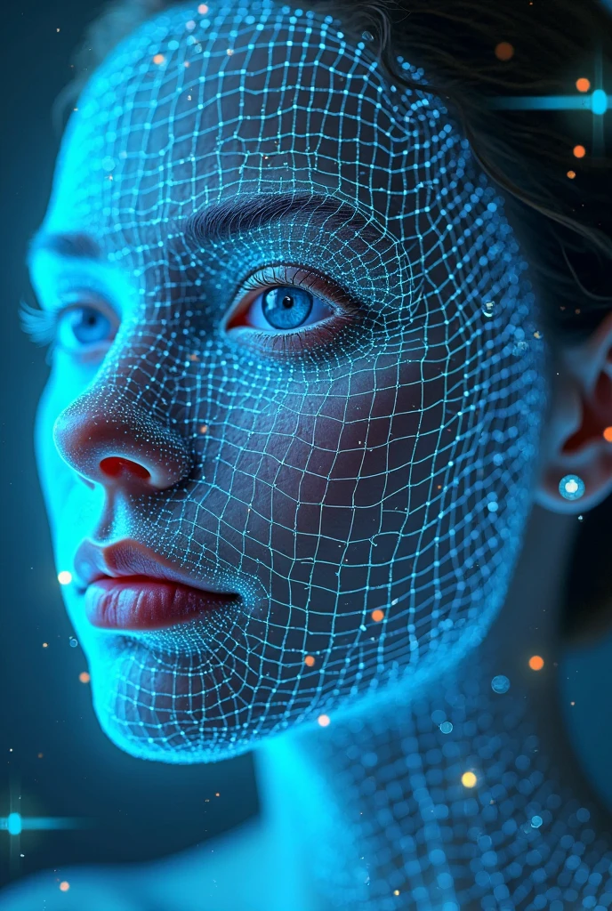 Photo 9:16 biometric facial recognition points and lines on the face of a Latina woman, looking to the camera