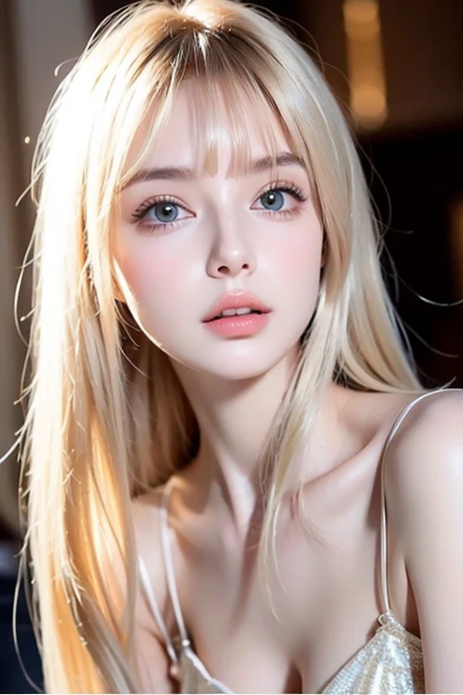 (masterpiece), (best quality), Ultra-high resolution, Raw photo, A photo-realistic, super cute woman, 1girl, (perfect face:1.2), (beautiful face:1.2), platinum blonde hair, (from under, upper body:1.3), happy, light smile, looking at viewer, pose, sheer turtleneck shirt, sleeveless shirt, outdoors, night time, intricate, depth of field, cinematic lighting,