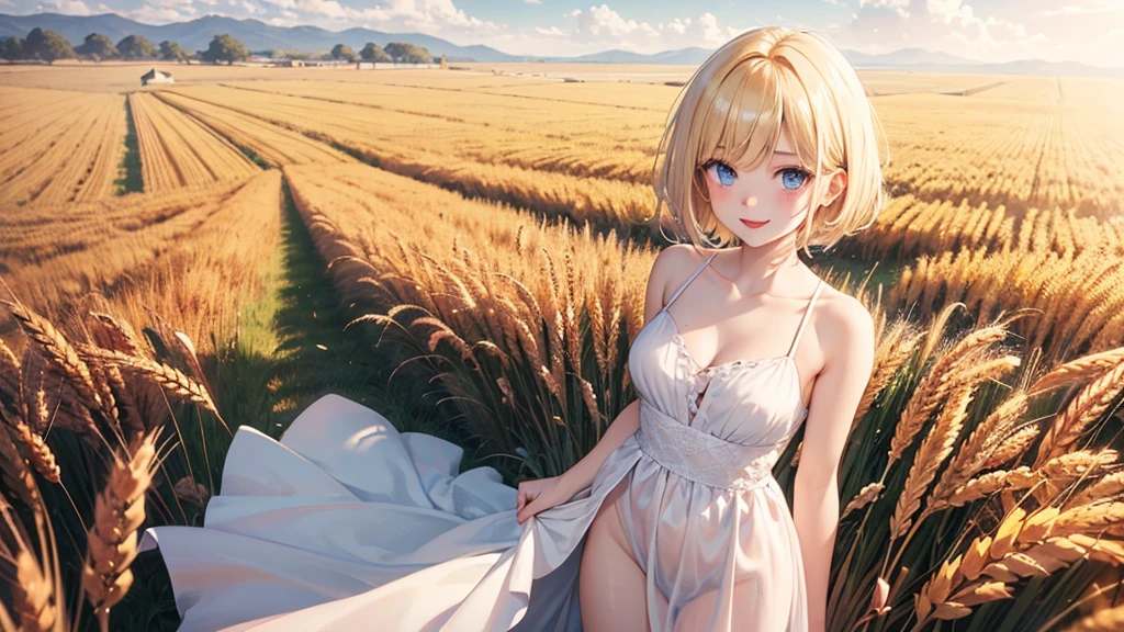nsfw、Browsing Caution,woman,16 years old,European countryside,blonde,bangs,Pretty face、Clear skin、(spotless skin:1.5)、Beautiful Skin、Big round eyes、Bright Blue Eyes、All Nude、vagina、spread legs、Sit flat on the ground、(Brown Skin:1.5)、golden wheat field