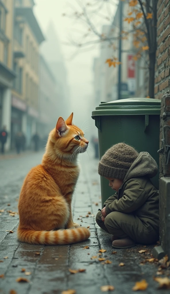 I WANT YOU TO MAKE AN IMAGE OF a child holding a cat, I need this child to be kind and affectionate, and the cat to be furry and affectionate too, the child must be holding the cat on his lap, in the middle of an apocalyptic scenario, the child must being a little scared about the senario, the cat is feeling calm in the child's lap, the child's eyes are sweet, but a little scared, but still lovingly protecting the cat., blonde hair, mullet, furrowed brow, aqua eyes, glowing eyes, crying with eyes open, pout, Expressionism, Impressionism, Minimalism, pov, wide shot, perspective, Nikon, UHD, super detail, best quality, highres