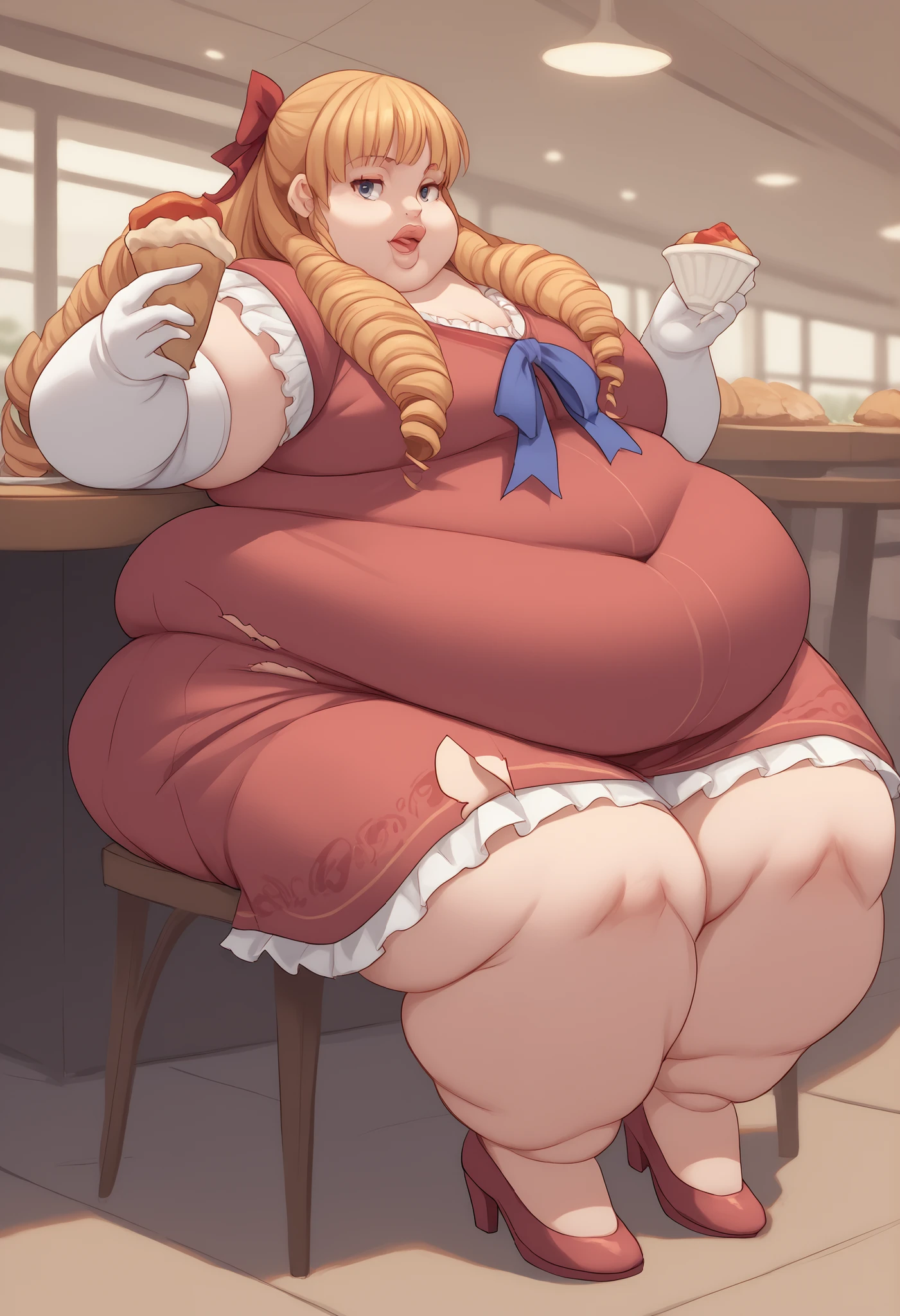 score_9, score_8_up, score_7_up, score_6_up, score_5_up, score_4_up, BREAK source_anime,
1girl, solo, full body shot, looking at viewer, smile, cafeteria, Margarita Dresden, long hair, drill hair, hair ribbon, medium breasts, fat, chubby, obese, thick lips, red dress, frills, elbow gloves, high heels, ripped clothes, ripping clothes, torn clothes, sitting on chair, open mouth, eating cakes