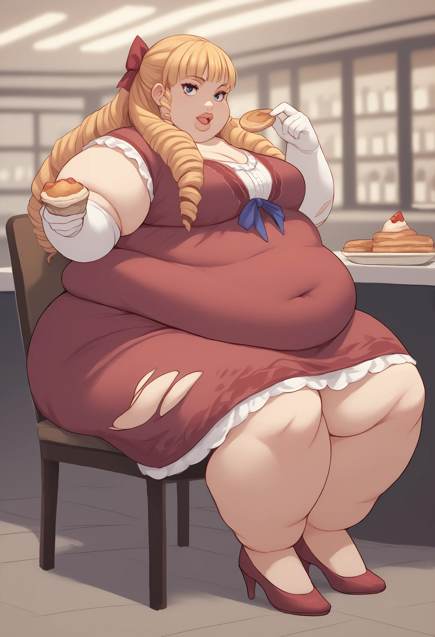 score_9, score_8_up, score_7_up, score_6_up, score_5_up, score_4_up, BREAK source_anime,
1girl, solo, full body shot, looking at viewer, smile, cafeteria, Margarita Dresden, long hair, drill hair, hair ribbon, medium breasts, fat, chubby, obese, thick lips, red dress, frills, elbow gloves, high heels, ripped clothes, ripping clothes, torn clothes, sitting on chair, open mouth, eating cakes