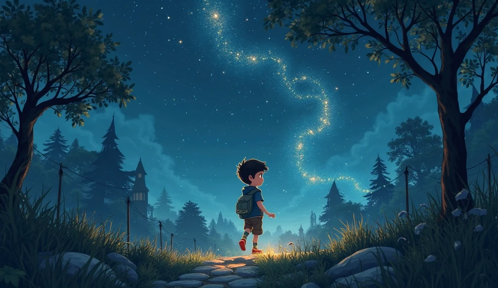Best image quality, starry sky, night, back boy, hazy lantern, dreamy atmosphere.