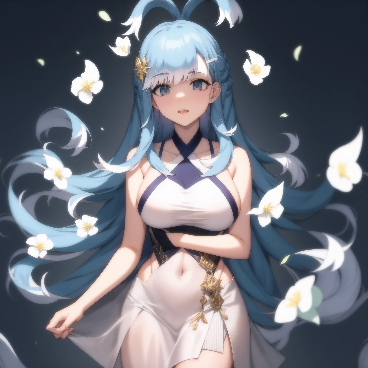 best quality, masterpiece, highly detailed, 1girl, solo, Transparent white skin, mature woman, sister, close to viewer, White hair, silver hair, bare shoulder, Shoulderless Dresses, wedding dress, white dress, white lace dress, white lace long skirt, elbow gloves, cat ears, rational, bangs, very long hair, light smile, streaked hair, beautiful silver long hair girl, blue eyes, light pink lips, large breasts, delicate face, delicate hands, calm, flower background, petal dancing
