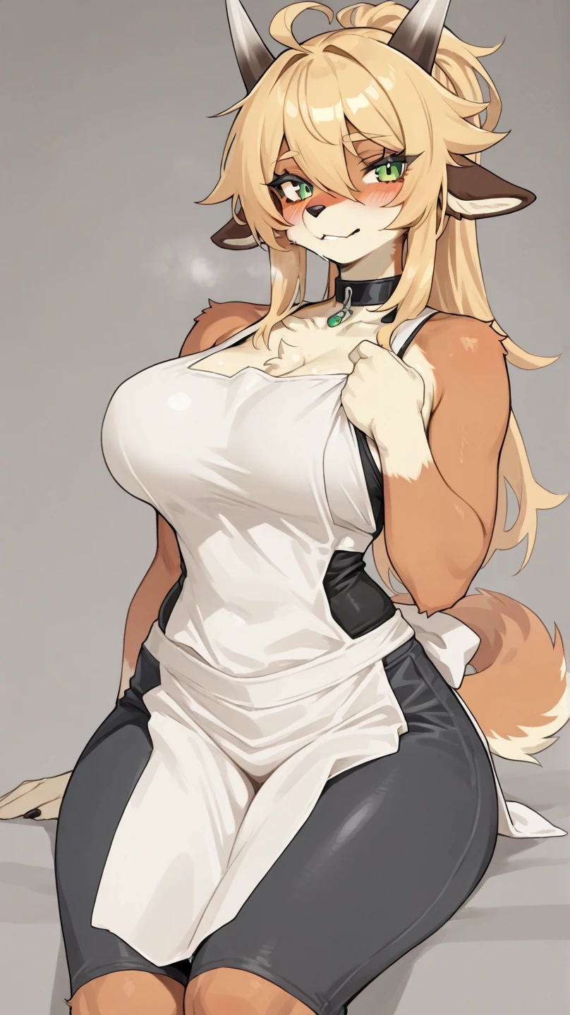 score_9, score_8_up, score_7_up, score_6_up, score_5_up, score_4_up, (solo), female anthro hyena,  black shirt, tight  skirt, thigh high socks lusty, fluffy body, long blond hair, turquoise eyes, (thick thighs:1.5)((( offering the breasts))) sex partial clothes, (((cleavage))) semi-butonned uniform niform, (barely_visible_booba) (she is standing) , giant breasts, garter belt