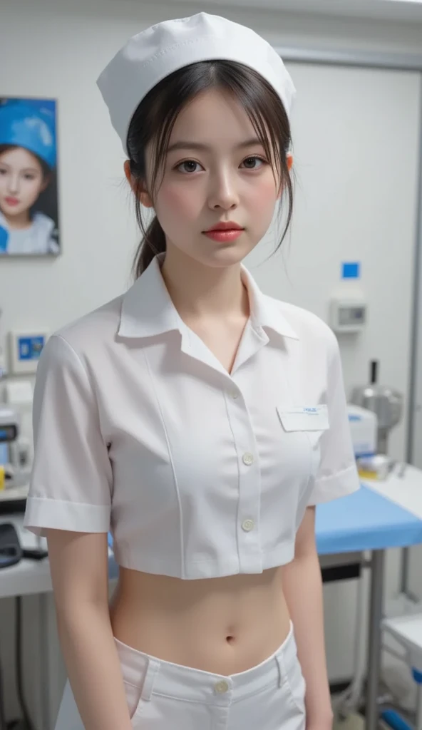 (dramatic angle)（Ultra high definition）（masterpiece）（Textured skin）（Very detailed）（high quality）（最high quality）（First Person View）(16k )hospital,nurse,1 person,Beauty Women,,Black Hair,smile,