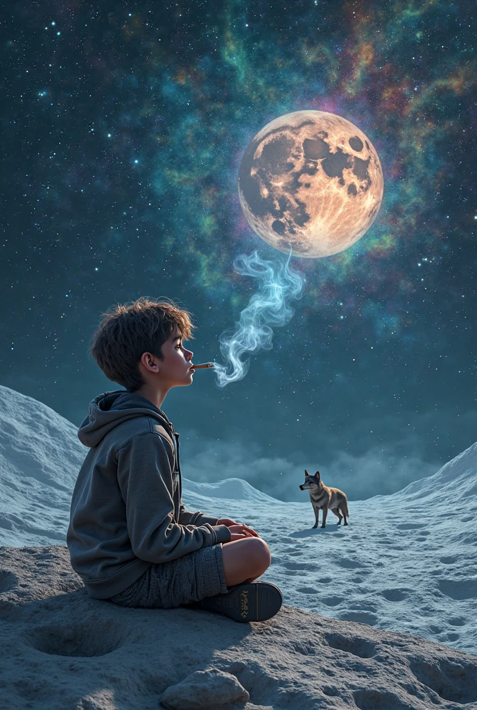 Enhance the current design by placing a small figure of a person sitting on the edge of the Earth, gazing at the stars. This figure represents humanity's connection to the universe. Add a small dog sitting next to the person, symbolizing companionship and loyalty.