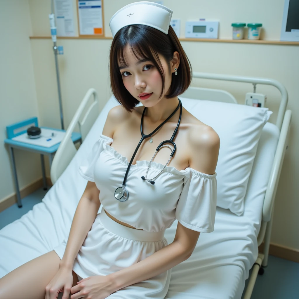 (muste piece:1.2),(8K high quality), (highest quality), (RAW image quality), (Reality), (It's photorealistic:1.37), large eyes,long eyelashes,It's exquisite(Live-action realistic style),ultimate face,Photorealistic light and shadow,clear facial features,milky white skin, high detail skin,realistic skin details,visible pores,(super detail),(short hair),best portrait,((Photographed from a distance)), Only one girl, cute type,beautiful detailed eyes, beautiful detailed nose, highly detailed skin) ,(Beautiful face with double eyelids), (Realism: 1.4),excellent detail, super high resolution,,,delicate and beautiful face,,25 years old,(beautiful face 1.4),slender,,( light blue panties exposed),((Photographed inside a hospital operating room)),(Show the light blue garter belt), ((Wearing nurse clothes,)),(Light blue panties exposed),(Make eye contact with your audience),wearing a nurse cap,(The inside of the hospital is white.),,very beautiful feet,(standing)),,(light blue lace panties),(Garter belt is light blue),Posing like a model,This is a slightly front side shot.