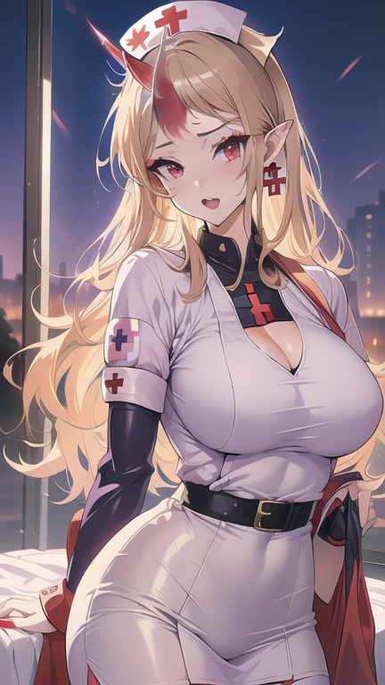best quality, masterpiece, highres, solo, {perseus_azurlane:1.15}, long_hair, pink_hair, pink_eyes, breasts, twintails, bangs, large_breasts, very_long_hair, blush, cleavage, hair_ornament, hat, nurse_cap, white_headwear, nurse, center_opening, id_card, 1girl, gloves, half_gloves, looking_at_viewer, official_alternate_costume, pink_gloves, upper_body