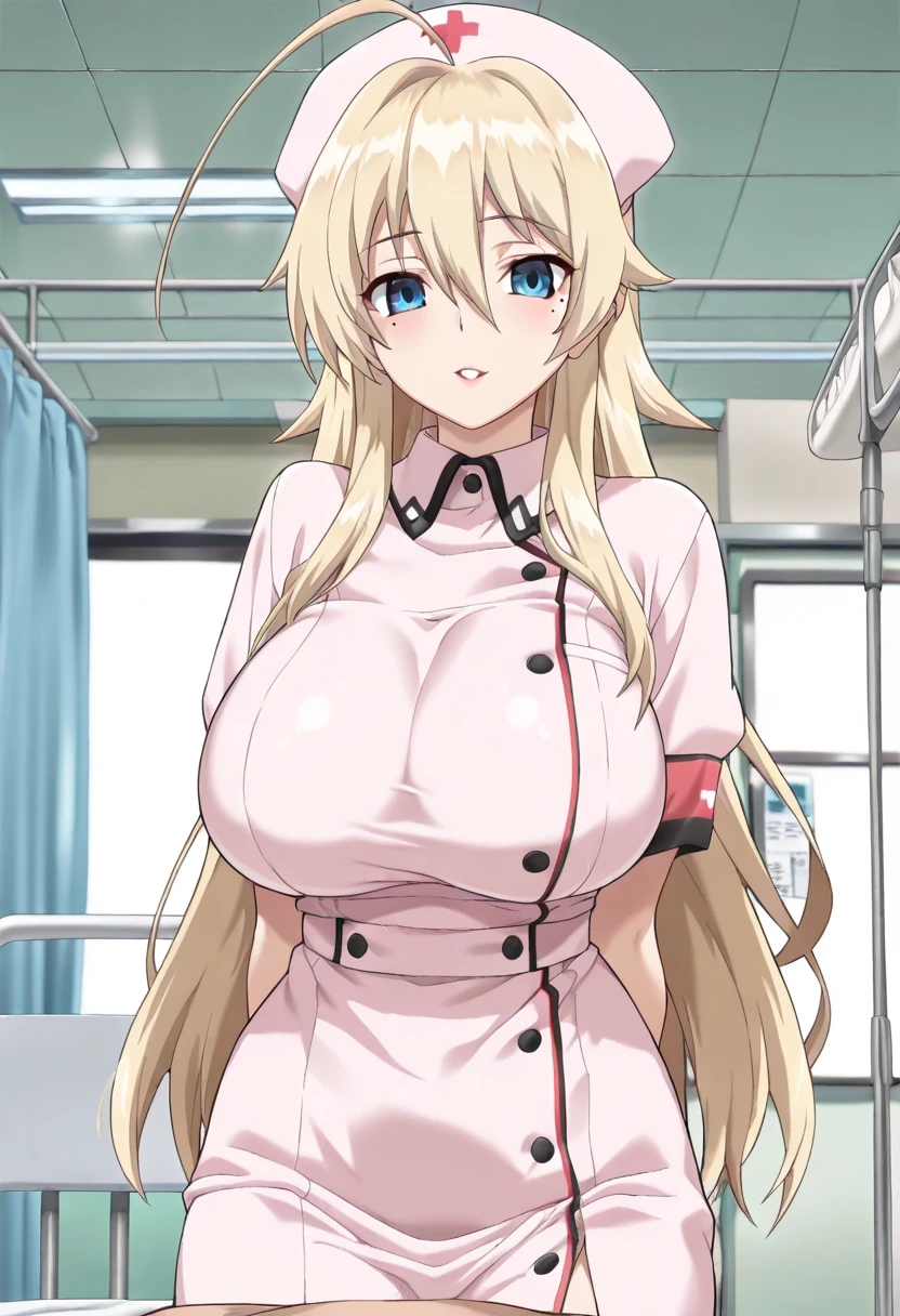 (large breasts:1.5),shiny,hair,((solo)),((masterpiece)),((best quality)),perfect ???????,slim waist,perfect image,8k UHD,(beautiful detailed eyes:1.5),extremely detailed face,standing,(upper body:1.3),(look at the front:1.5),arms behindback,ultra-detailed,absurdres,highres,(shiny hair),nurse,nurse uniform,indoor,hospital,((sensitive smile)),mini skirt,light brown hair,semi-long hair,bangs,in a small clinic,sexy mature women,mature female,erotic lips,