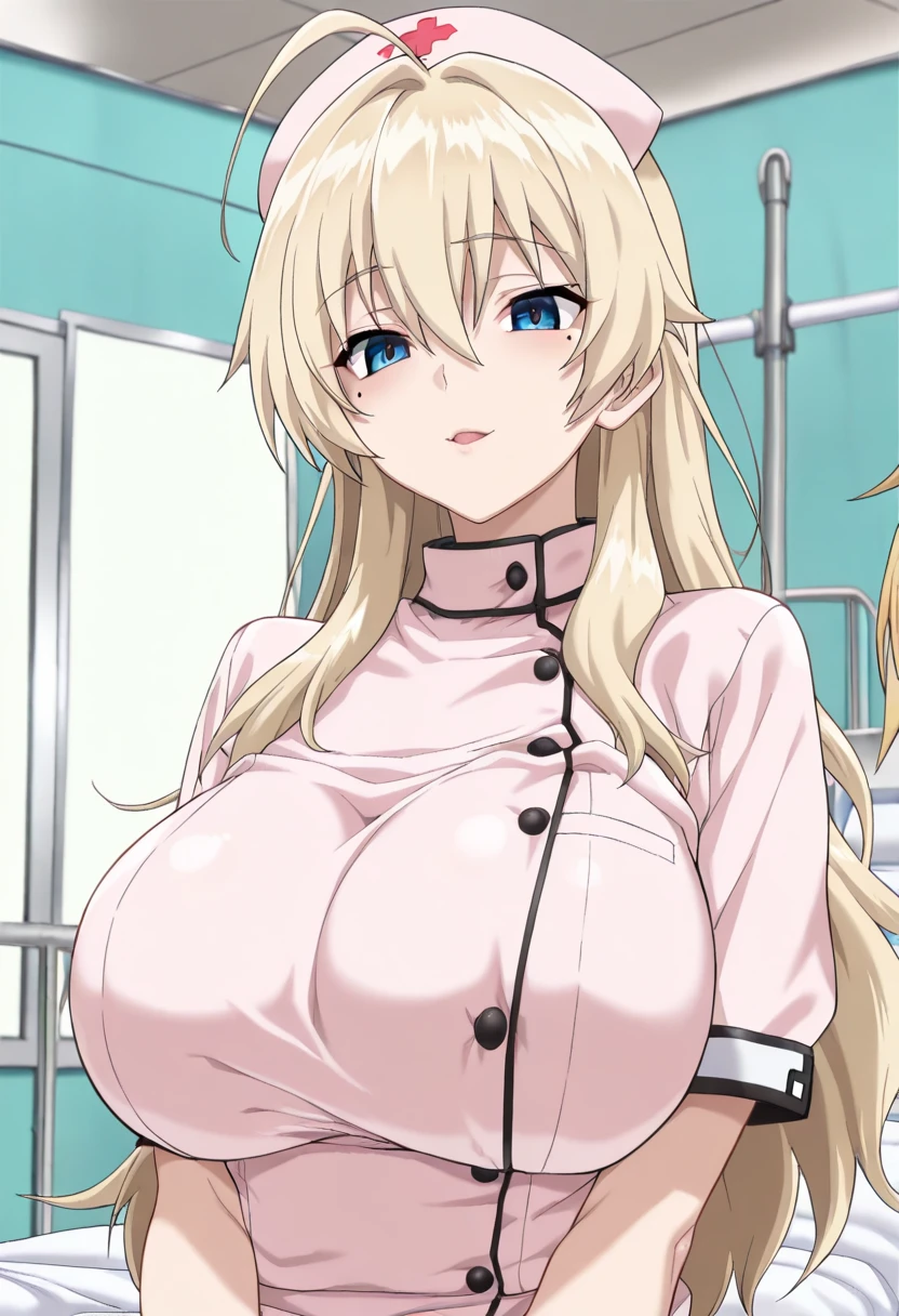 masterpiece,Highest quality,8k,Ultra-high resolution,Very detailed,People in the image,Appropriate blank,Perfect Five Fingers,Perfect human body,Perfect Eyes,((Cowboy Shot)),break,Bright expression,(1 person),(The most beautiful woman),Slim figure,((The most amazing big breasts)),Cleavage,Moisturized Skin,Fair skin,break,((Golden Hair)),Long Hair,ponytail,Unshaven,break,Thin eyebrows,break,(Black eyes),break,((nurse)),(Nurse uniform),(skirt),break,Embarrassing,Make eye contact with your audience,nsfw,hospital