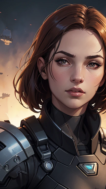 sci-fi, space rogue thief girl, (smirk:1.1), short hair, black hood, light armor, big grey eyes, beautiful detailed eyes, drawn by Greg Rutkowski, Yoji Shinkawa:0.6