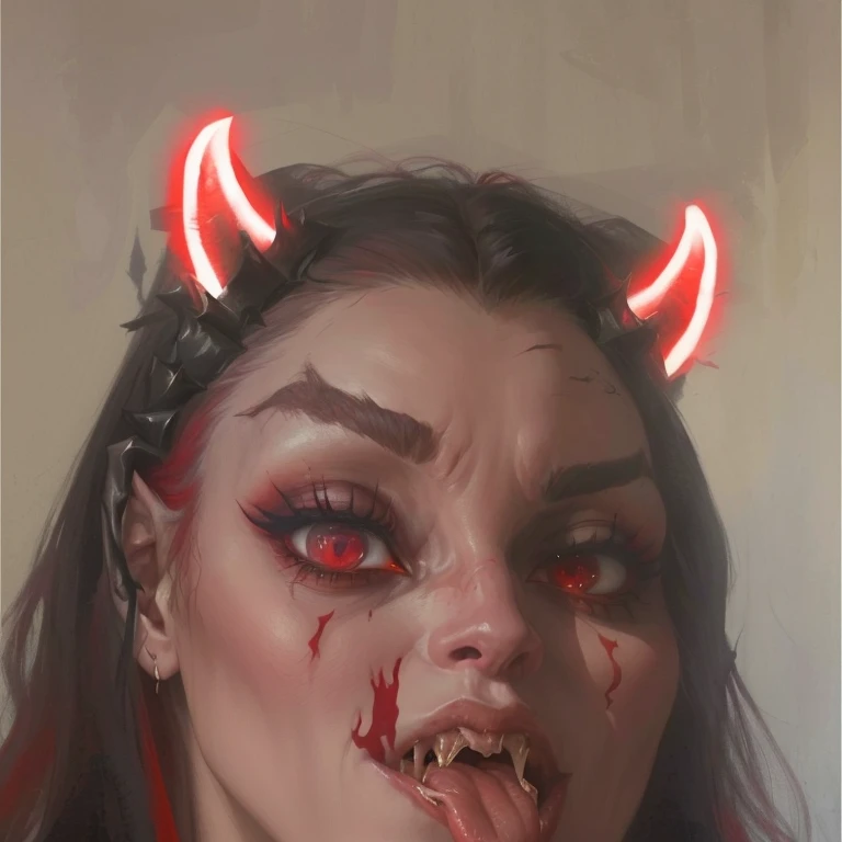 A red Korean woman with long black hair big and large devil horns laying inside of two giant thick Inside the filling tubes that have to be at least one foot in diameter, the mouth is wide open as she looks down into it while her face expression shows extreme pain from being in the style of Air Fitzgatieh's tongue, photorealistic, shot on canon dsir, full body shot hyperrealistic human figure