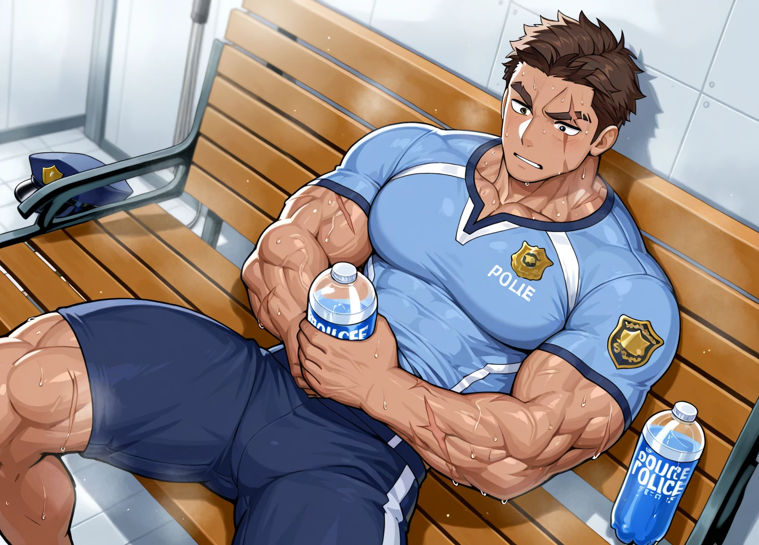 (NSFW: 1.5), (handsome Man sitting on table eating bread ),(crew cut short hair:1.8),black eye,(Wear a fitted round neck t-shirt in navy with a police badge.:1.5),(fit neck),Navy blue jeans,(black_gloves:1.2), Korean guy,chest muscles,large arm muscles,blood vessel,Big muscles,Broad shoulders, (open mouth:1.2),(face up:1.2),(close eyes:1.5), middle of the road,smile, In the bread shop, ( Cum:1.8), (genital very long: 1.6), genital very Big, (Big testicles), (Erection of the penis: 1.6), ((very big, very long penis)), masturbate, hold your hand on your penis, (semen) , bread in hand