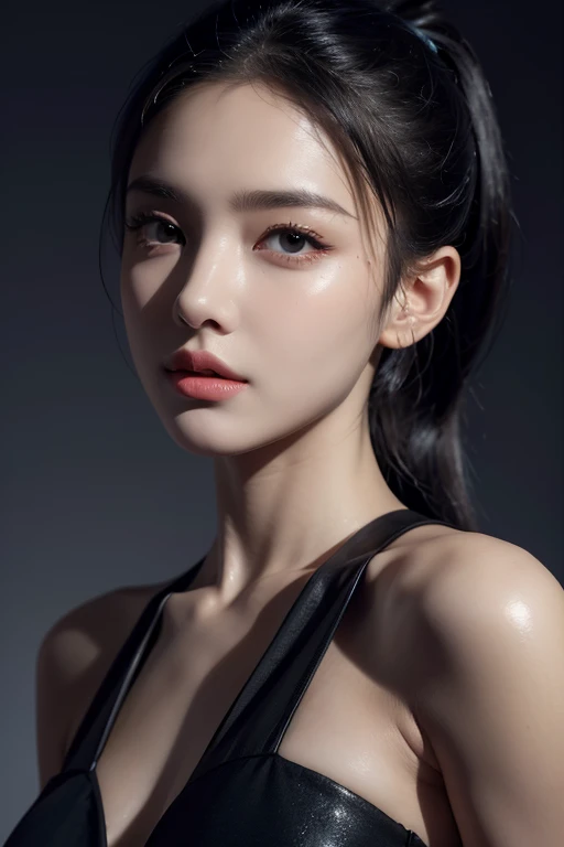 Best quality, masterpiece, ultra high res, (photorealistic:1.4), raw photo, 1girl, offshoulder, in the dark, deep shadow,frontal, straight-eyed,ponytail
