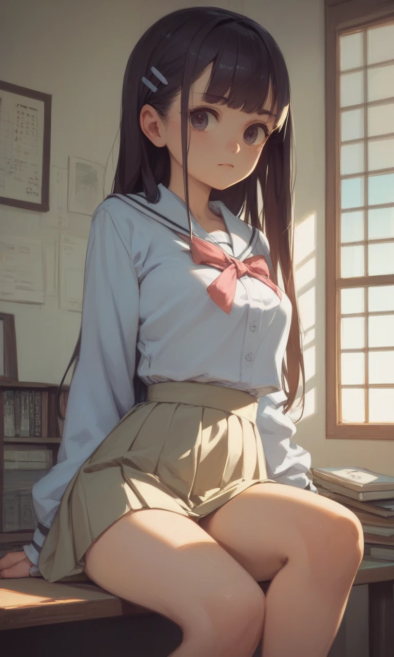 ((Y-shirt over naked)), (((perfect anatomy, anatomically correct, super dense skin))), 1 girl, Japanese, high school girl, From before, shiny skin, looking at the viewer, 
fine hair, detailed face, fine eyes, (long hair:1.5, brunette hair:1.7), bangs, hair between eyes, light brown hair, brown eyes, baby face, mole under eye, lip gloss, 
beautiful clavicle, beautiful body, beautiful breasts, big breasts:0.9, beautiful thighs, beautiful feet, camel toe, 
((fine cloth texture,  gray pleated skirt, Dark blue socks, brown loafers)), white panties, Seductive thighs, 
(dimly lit bedroom),  smile, 
(8K, highest quality, masterpiece:1.2, very detailed), (realistic, photorealistic:1.4), beautiful illustrations, Natural light,
