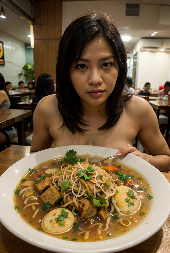 Iconic Thai dishes, a vibrant street food scene with Pad Thai taking center stage, a bustling market atmosphere with skilled female shirtless sweaty wet street vendor wok-tossing noodles, showing armpit, colorful ingredients on display, capturing the essence of Thai street gastronomy, Photography, documentary-style shot with a prime lens (50mm), focusing on the dynamic energy of the street food stall