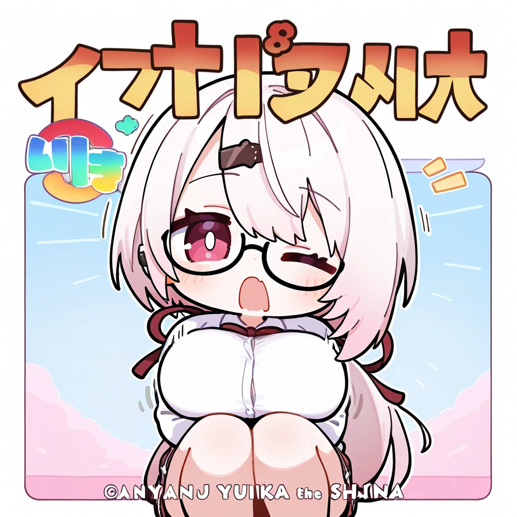pink hair, short twintails, hair bobbles, star hair ornament, asymmetrical bangs, short hair, pink-framed eyewear, purple eyes,, , empty eyes , large breasts, solo, nipple, ride a bicycle, , Heavy snowfall area　凍結 wet crying 山 solo