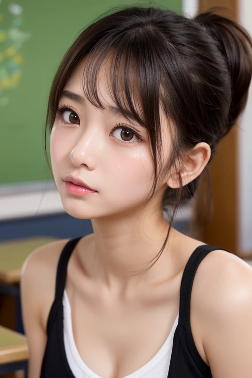 (masterpiece:1.3), high resolution, ultra detailed, extremely detailed CG unity 8k wallpaper, realistic, photo-realistic, RAW photo, beautiful detailed face, pale skin, realistic glistening skin, detailed cloth texture, detailed hair texture, Perfect body, Beautiful Face, accurate, Anatomically correct, Highly detailed face and skin texture, natural neck length, (beautiful hands), (fair skin:1.1), (well-aligned teeth:1.1), (Sweaty skin:1.2), 
BREAK, 
Detailed eyes, symmetric eyes, Light Brown eyes, Double eyelids, Thin eyebrows, (Glossy lips:1.4), ((A face with waiting for a kiss:1.2)), (blush:1.1), (A sparkling small hair accessory:1.1), 
BREAK, 
(A classy and Cute woman1.3), (nude, nsfw, nipple:1.4), 
BREAK, 
medium large breasts, slender figure, firm abs, 
((ponytail, Dark blonde hair, wavy hair, long hair, asymmetric bangs:1.2)),  (cowboy shot:1.2), (looking at viewer), , From above, 
BREAK, 
((Sitting side by side on the classroom)