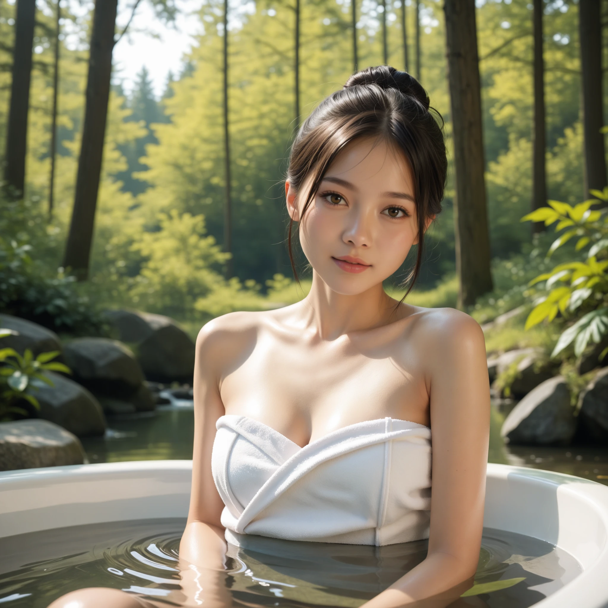 最high quality、high quality、best image quality、8K、最High resolution、High resolution、最high quality、masterpiece、Realistic human body in every detail、Realistic skin in every detail、Realistic face in every detail、Realistic eyes down to the details、Realistic lips in every detail、Realistic teeth in every detail、Realistic ears down to the last detail、Realistic hair down to the last detail、Realistic arms down to the last detail、Realistic reproduction of every detail、Realistic fingers in every detail、(fine hands、thumb1reference4)、Realistic feet in every detail、((beautiful japanese girl))、(japanese model), (japanese woman)、((18 year old beautiful girl))、(black hair)、(random hairstyle)、((whole body))、((beautiful upturned chest))、(slim style、slender style)、(whole body光沢肌、Fair skin)、white bath towel、Small bath towel、((Small bath towelを身体に巻きつける))、((Small bath towelのラップドレス))、(soft natural light)、((Waterfall in a realistic forest))、((Open-air bath with a view of the waterfall))、((realistic rock bath))、((deep bathtub(deep hot spring))、((Onsen Girls))、((sitting in a hot spring))、((Soak waist-deep in hot springs))、((Inside the bathtub、Sit with your butt down))、((A large amount of steam is rising from the water in the bathtub.(Hot water at 40°C))、((realistic water、clear water))、((sexy pose))