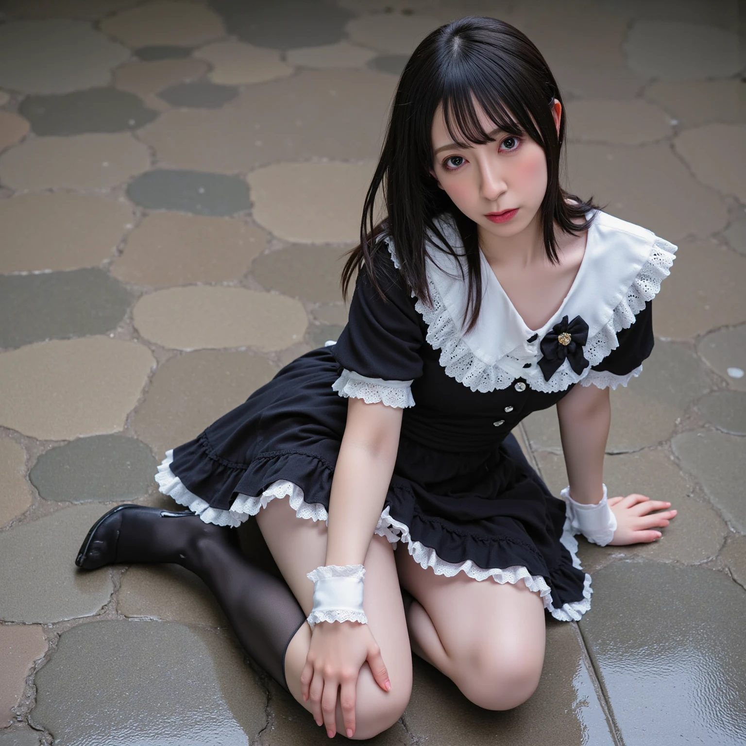Detailed face, Cute face, Uekura, One Girl, Black Hair, White Background, have, dress, footwear, wing, Simple Background, sign, flower, Manicure, Wide sleeves, Long sleeve, blush, animal, white flower, alone, whole body, View Audience, High heels, Frills, bow, bangs, ribbon, +_+, shoes, short hair, Grey Eyes, shoes, Blue Claws,Glasses、Panty shot