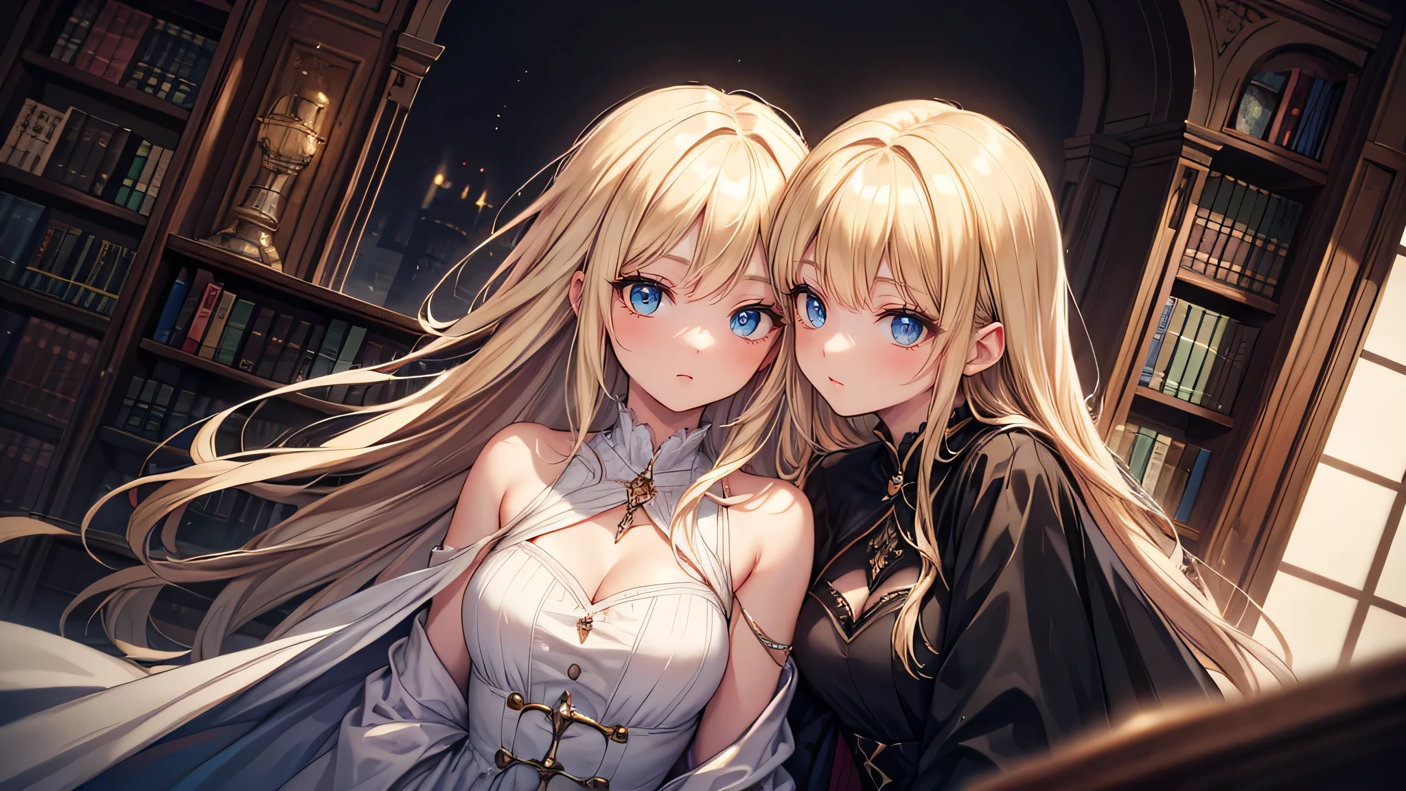 Night, night, a woman in a black dress with long fluffy blonde hair and a middle-aged woman in a cyan cheongsam with long black hair face to face, standing in the living room of the villa, luxurious high-end villa, quarrel, frown, serious, whole body, royal sister, mature women, living room lighting, looking at each other, super detailed CG, delicate facial features, clear facial expressions, detailed digital animation art, digital animation art, high-quality animation art style