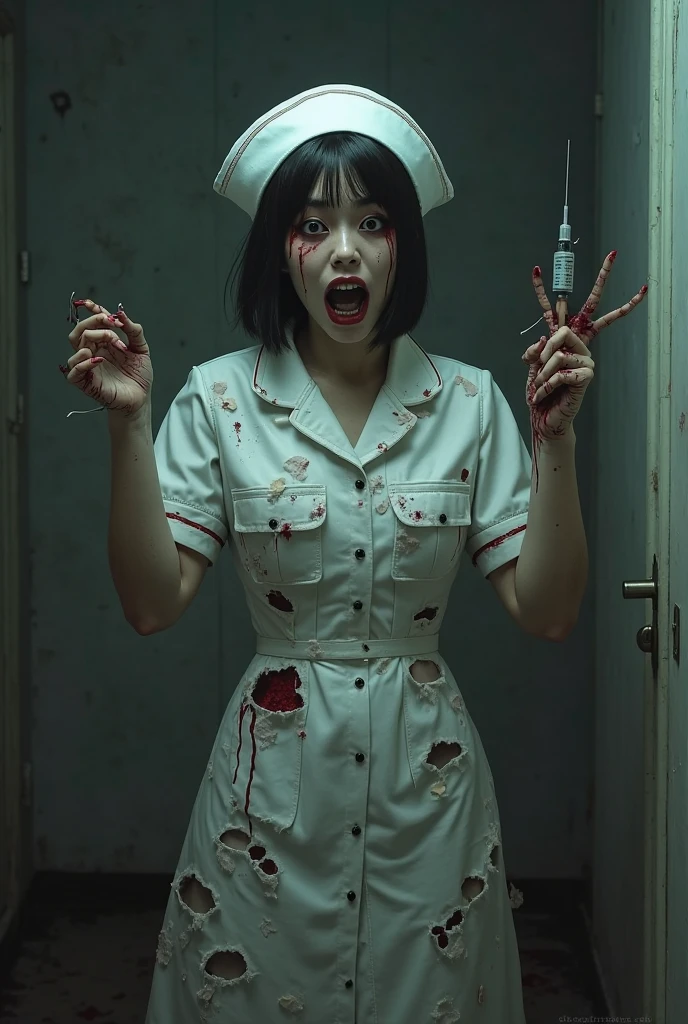 Zombie Nurse Pink、Big Breasts、See through、beautiful girl、Rotten body、Wounded body、Dead look、Long Hair、Japanese、background: Abandoned hospital