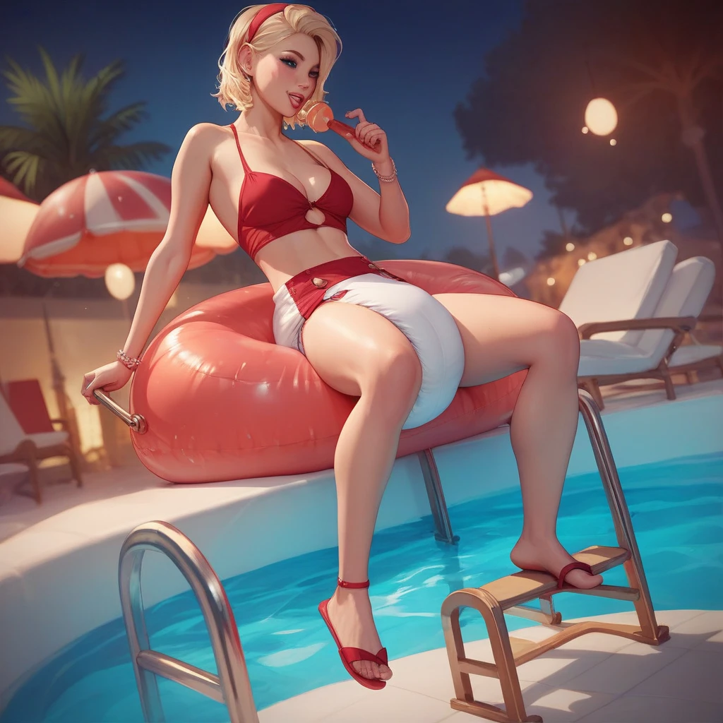 ((Master quality, 8K, masterpiece:1.3, ultra-detailed, high resolution, RAW Photos, detailed Realistic background, cinematic lighting)), Actual, Realistic, photo, HDR, BREAK, detailed eyes, perfect anatomy, perfect hands, BREAK, , One person alone, dsann(persona 5), beautiful , (Sitting on a Sun_lounger and posing sexy, spread legs), blonde twin pigtails hair, ( Round and Stacked Breasts ), , Cleavage, Slim waist, , smile:1.5, Sweat-soaked skin, BREAK, wearing( Slingshot Swimsuit, (((Red-rimmed Sunglasses atop her head)))), , Graffiti art, BREAK, ( Random Angle, full-body, ), dynamic angle, Beach_parasol, Beach cocktails on a round table, outdoor, beach