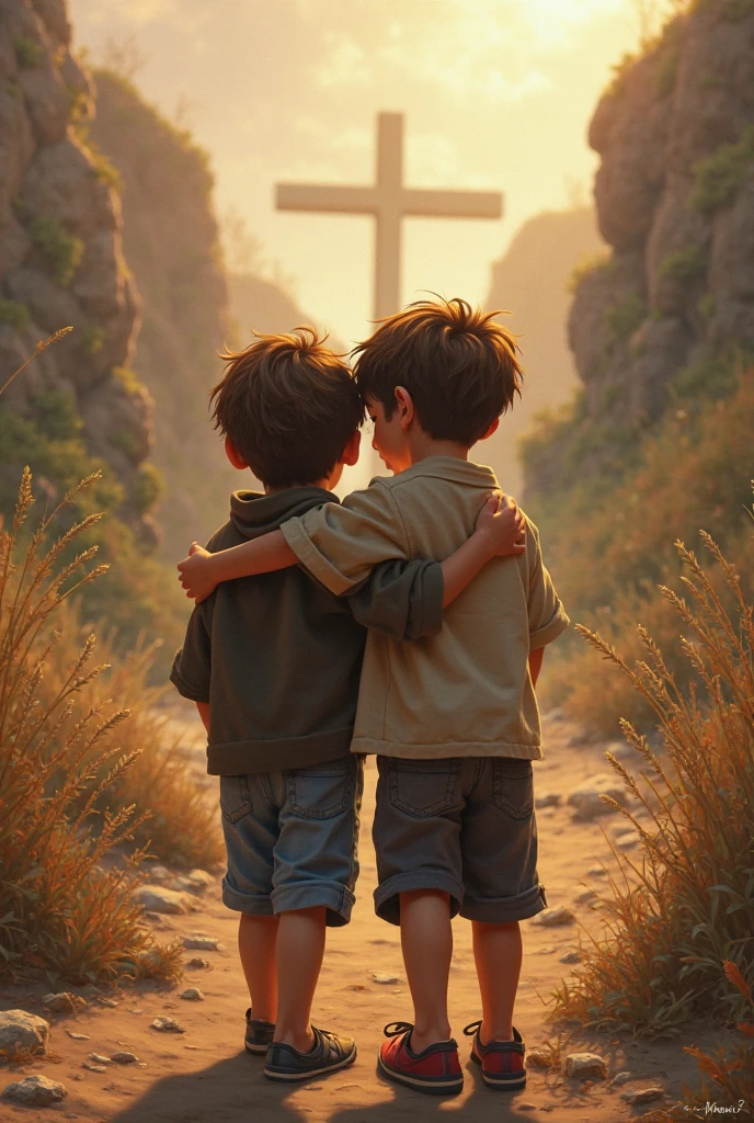 two children with their backs to each other hugging with their hands raised up in the church. one of the children has an autism bracelet WITH WHITE BACKGROUND
