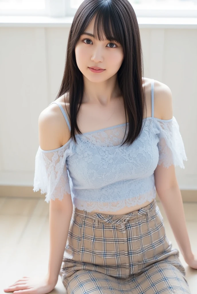 (Primary school students:1.5)、(Medium breast)、(Tight short-sleeved lace blouse)、(Lace mini skirt:1.5)、Braid、legs spread wide apart、On the hotel bed