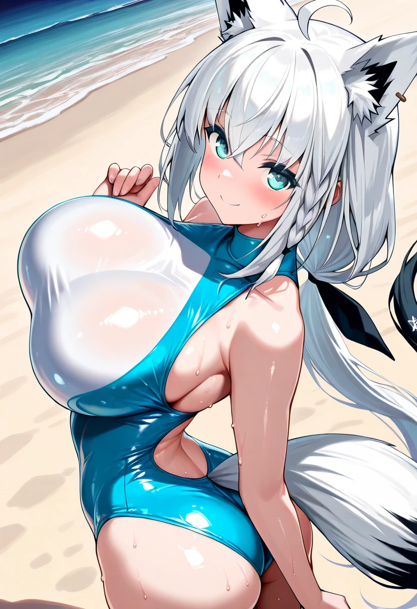 masterpiece, high quality anime illustration, Super detailed, A girl, Focus only, beautiful girl with silver hair cat ears, anime change, cat ear loli, Emphasis on thighs, good bastet, bathing in desert oasis, sheer wet huge breasts selfie, Photo with GoPro camera nude nipple perfect bottom on the beach in the pool