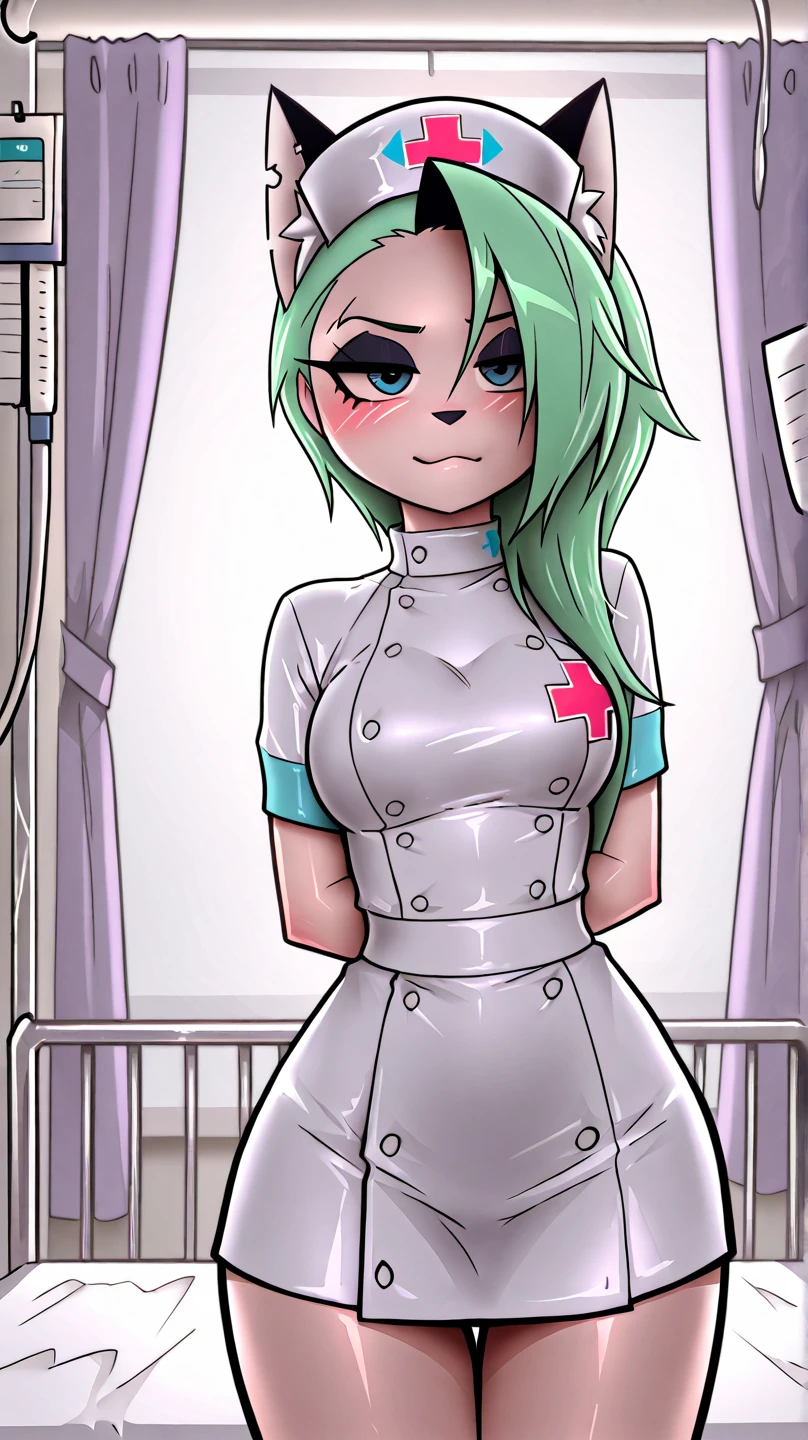 score_9, score_8_up, score_7_up, score_6_up, score_5_up, score_4_up, BREAK 1girl, light green tentacle hair, dark skin, thick lips, long eyelashes, stern expression, standing, blunt bangs, adult, BREAK solo, large breasts, adult, skinny, arched back, thigh gap, wearing nurse outfit, BREAK (office background:1.2), simple background, innocent, lovely, adorable, dynamic pose
