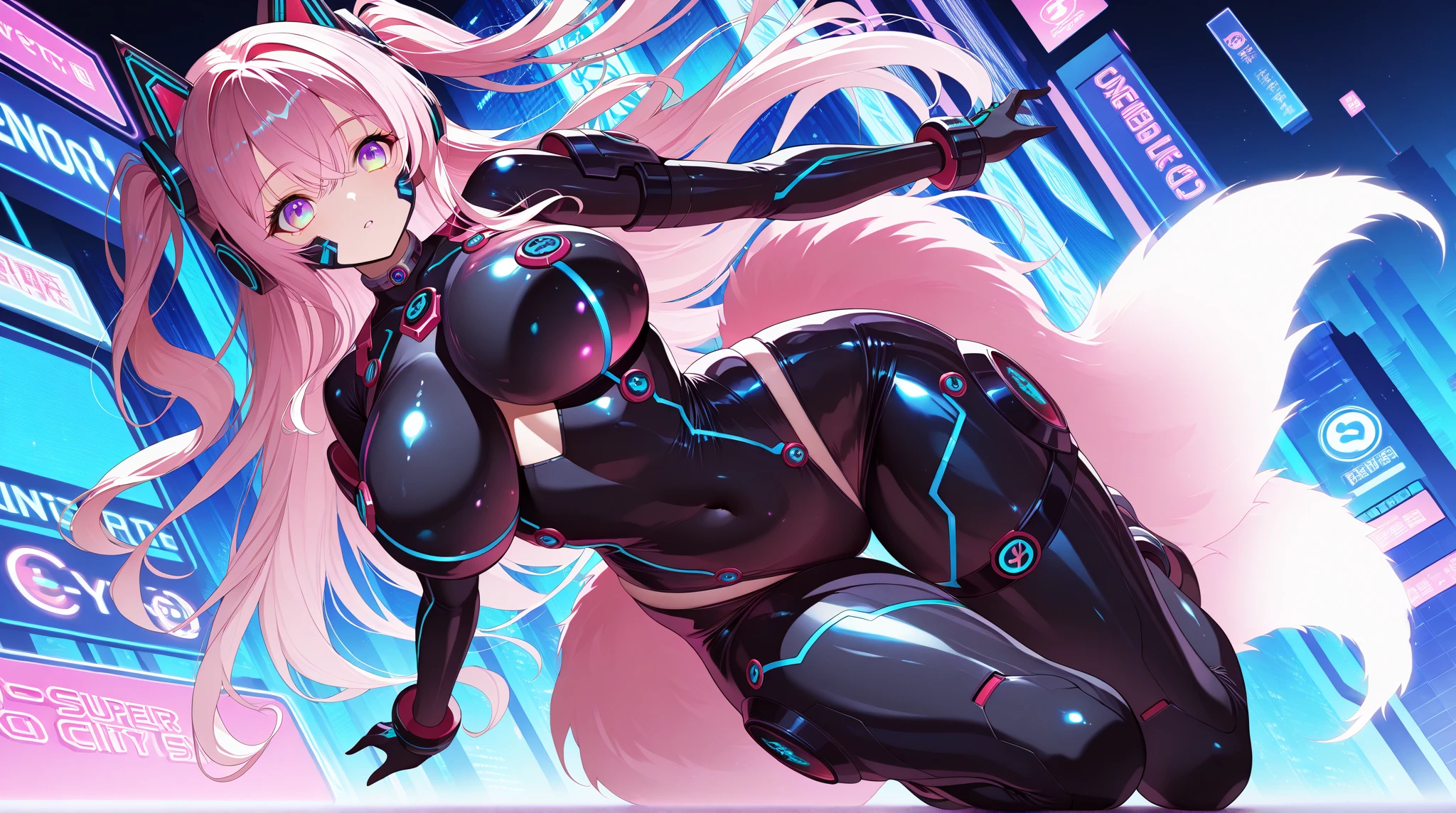 science fiction, 3 android girls(metallic skin, cyber joint, flash eyes, armor legs, nsfw), vaginal insertion by big cable, big bulging stomach,
