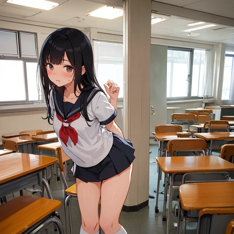 ((Highest quality)), ((masterpiece)), (Familiar), Perfect Face,Japanese,9 years old,girl,cute,(Primary school students:110%),Private elementary school,uniform,Short sleeve blouse,Checked mini skirt,school bag,In the classroom,(Top-down angle or (upskirt:40%)),(skirt lift:50%) & (Checkered skirt or (Shaved pussy:95%)),(世界で一番cutegirl:1.1),(Sometimes the young nipples are pumping:60%),(((Inserting a transparent dildo into the vagina:120%)))