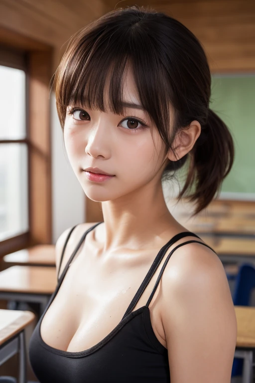 (masterpiece:1.3), high resolution, ultra detailed, extremely detailed CG unity 8k wallpaper, realistic, photo-realistic, RAW photo, beautiful detailed face, pale skin, realistic glistening skin, detailed cloth texture, detailed hair texture, Perfect body, Beautiful Face, accurate, Anatomically correct, Highly detailed face and skin texture, natural neck length, (beautiful hands), (fair skin:1.1), (well-aligned teeth:1.1), (Sweaty skin:1.2),
BREAK,
Detailed eyes, symmetric eyes, Light Brown eyes, Double eyelids, Thin eyebrows, (Glossy lips:1.4), ((A face with waiting for a kiss:1.2)), (blush:1.1), (A sparkling small hair accessory:1.1),
BREAK,
(A classy and Cute woman1.3), (nude, nsfw, nipple:1.4),
BREAK,
medium large breasts, slender figure, firm abs,
((ponytail, Dark blonde hair, wavy hair, long hair, asymmetric bangs:1.2)), (cowboy shot:1.2), (looking at viewer), , From above,
BREAK,
((Sitting side by side on the classroom)