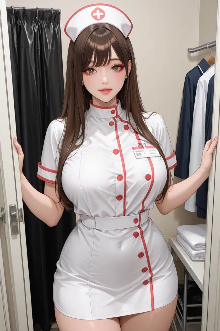 girl,Mercy,long brown hair,he tall,sexy,super big breast,(P cup),age 17,standing in livingroom,full body, mercy nurse and wings outfit,happy detailed face,