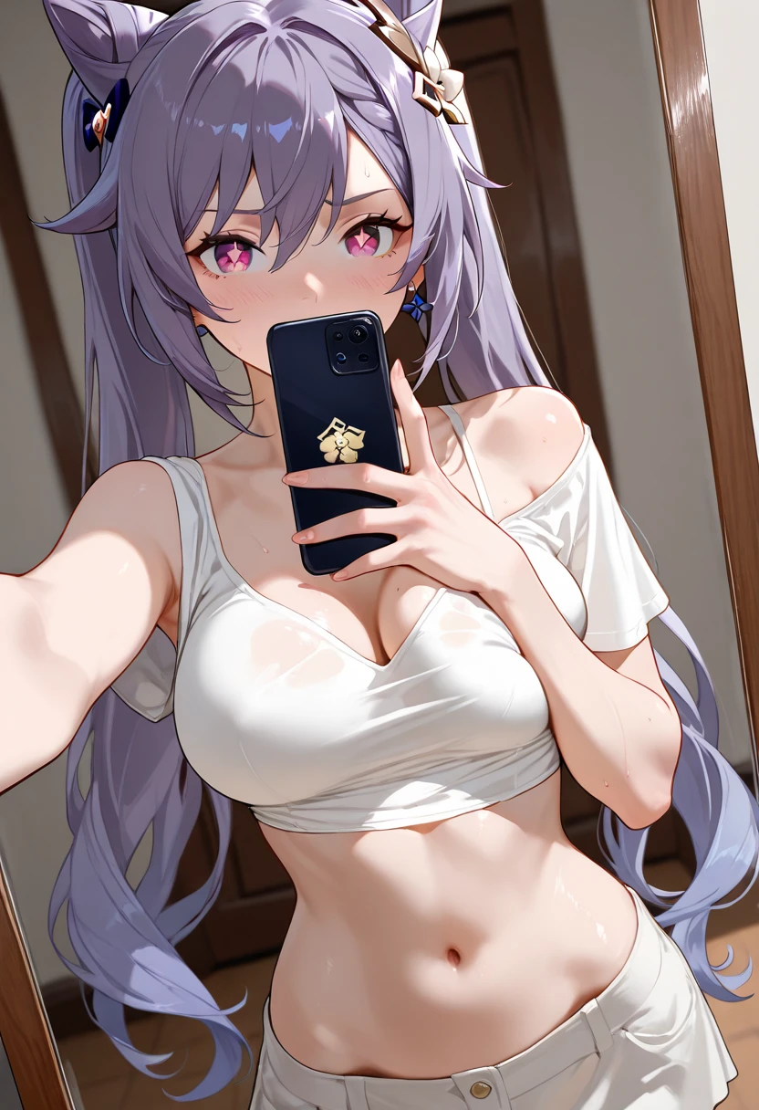 Emilia re:zero, purple eyes, Emilia, crown braid, x hair ornament, flower hair ornament, white hair, long hair, medium breasts, anime girl in black stockings taking a selfie with her cell phone, seductive anime girl, thicc, revealing clothes, [ 4 k digital art ]!!, 2b, 2 b, ecchi, best anime 4k konachan wallpaper, with a mirror, ecchi style, with index finger, she is holding a smartphone, 4 k manga wallpaper