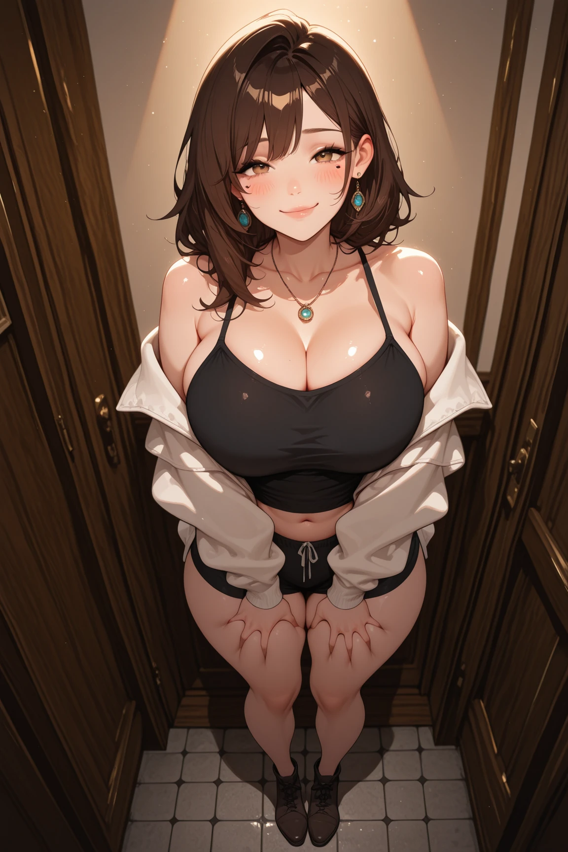 (ultra high resolution:1.3, 8K RAW photo, photo realistics:1.2, thin outline:1.37), (best quality:1.4), (beautiful, perfect, detailed, intricate, aesthetic:1.2), cinematic shot, natural light, light particles, (depth of field:1.4), blurry background, bokeh, Beautiful 26-year-old matured woman, secretary, (solo:1.5), Glamorous body, Detailed face, Skin radiance, tight focus, squatting to pick up papers fallen on the floor, using your left hand, with spreading legs, your left knee putting on the floor, holding paper files in your right hand, leaning forward, (from below:0.0), looking at floor, (perfect face, detailed face, eyeliner, glossy lips), weak smiling, (large breasts, sagging breasts, big tits, narrow waist, large ass:1.3, large hip, plump thighs), ((wearing business suits and white shirts, short pencil skirts, pantyhose, high heels), (with gold accessories, earrings, bracelets), (skindentation), indoors:1.5, in stylish office:1.3, dark mahogany medium long hair, ((hair over one eye:1.37, curly hair:1.5, wavy hair:1.5, shiny)), Beautiful matured girl, milf:1.2, (fine detailed beautiful eyes), beautiful character, stylish illustration, ((correct anatomy:1.5)), (sexually:1.2), ((sfw:1.25)),