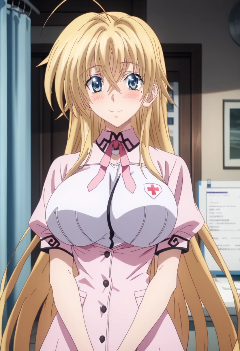 (masterpiece, best quality, 8k:1.2), (anime), sena, long hair, hair ornament, glamour, Large medium breasts, (White nurse uniform, cleavage, nurse hat, sleeveless, short skirt, hospital room, bed), dynamic angle