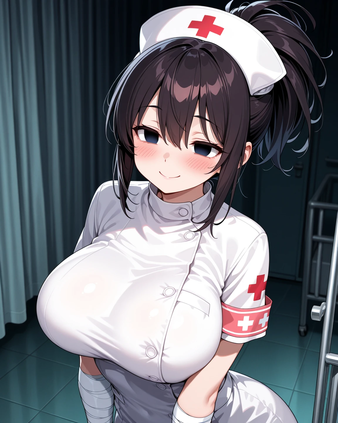 (((top-quality))),((​(masterpiece))),(((detaileds))),(nsfw),(((high resolution))),(((Beautiful and Aesthetic Work: 1.5))),(Ultra High Resolution), (Ultra Detail),(((Detailed background))),megami magazine,on bed,fine art,Sharp focus,Delicate and beautiful hair and eyes and face,realisticlying,orgasm,saliva,saliva trail,beautiful face,expression of ecstasy,black hair,red eyes,ahegao, blush, sweat, open mouth, rolling eyes, tears,Clear white skin,silver heir,red eyes,gigantic breasts,squatting, spread legs,nurse, nurse cap, breast pocket, collared dress, short dress, short sleeves, thighs, white dress, white headwear,stick a syringe in a nipple,Injecting into the clitoris,Lots of needles in his chest,large amount of love juice gushes out