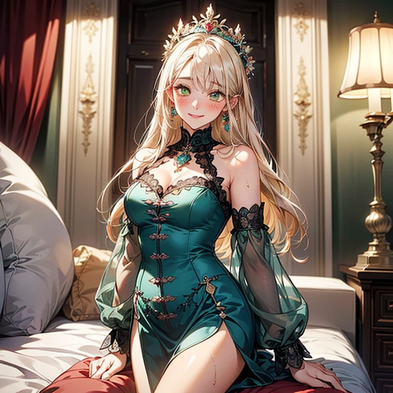 a beautiful princess with long flowing blonde hair and emerald green eyes, wearing an elegant and luxurious gown with jewel-encrusted ornate headpiece, in a high-quality, highly detailed, manhwa